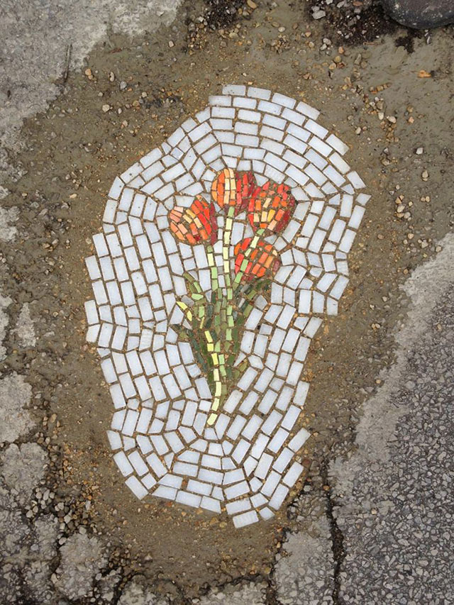Artist Bachor Fills Potholes with Food and Flower Mosaics (17)
