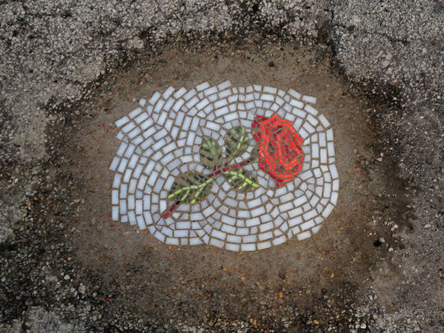 Artist Bachor Fills Potholes with Food and Flower Mosaics (18)