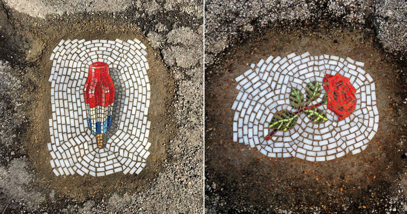 Artist Bachor Fills Potholes with Food and Flower Mosaics (19)