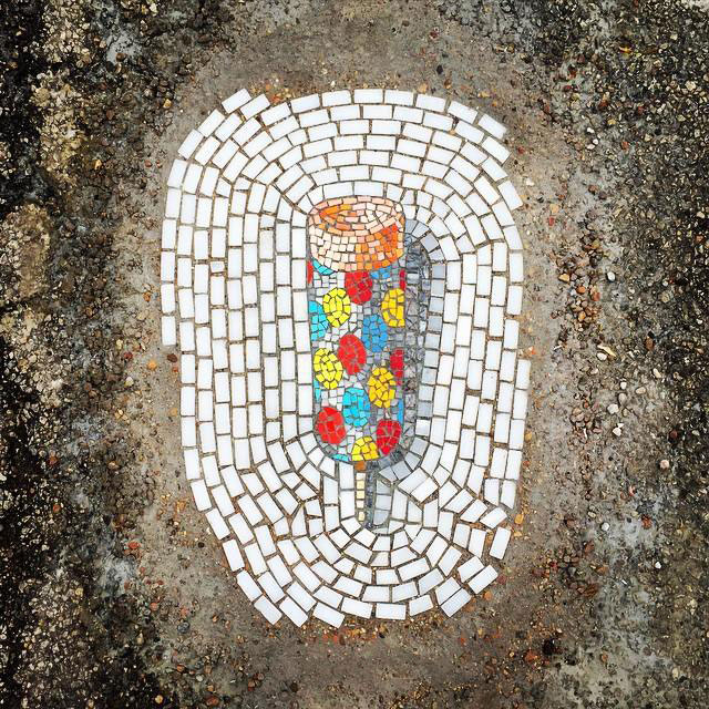 Artist Bachor Fills Potholes with Food and Flower Mosaics (2)