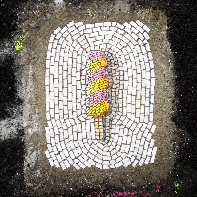 Artist Bachor Fills Potholes with Food and Flower Mosaics (3)