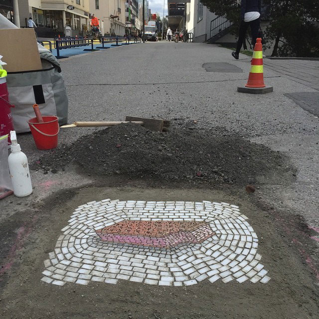 Artist Bachor Fills Potholes with Food and Flower Mosaics (6)