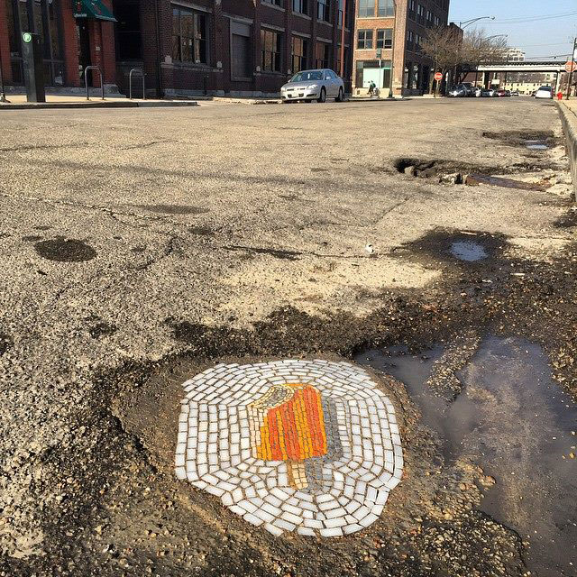 Artist Bachor Fills Potholes with Food and Flower Mosaics (9)