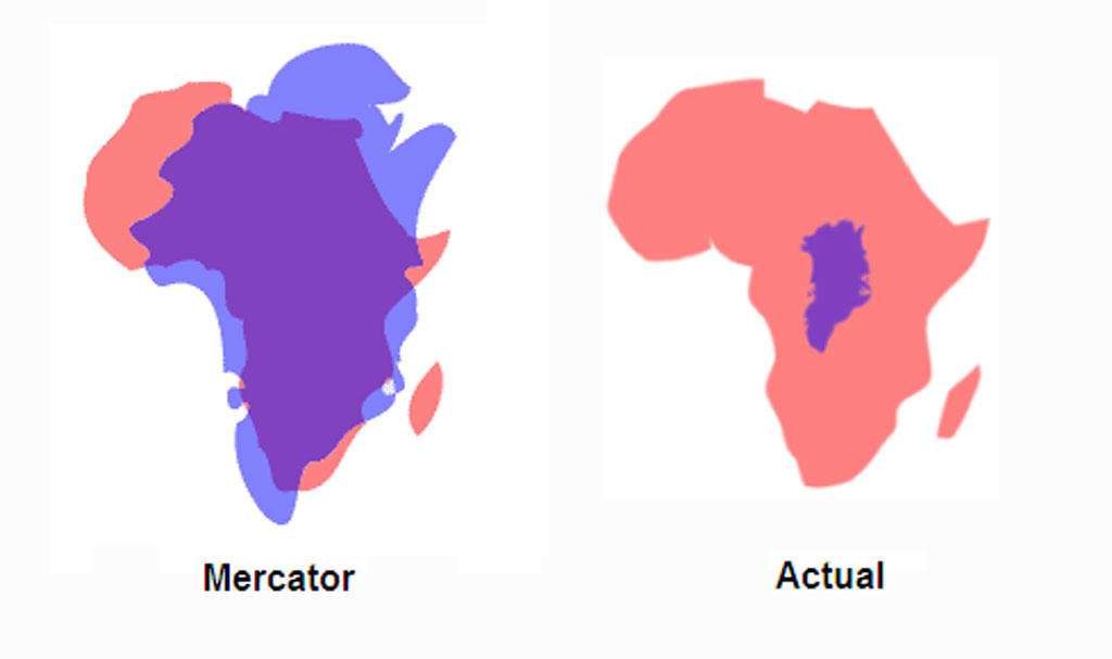 greenland vs africa actual size vs mercator projection