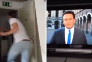 Guy Watching TV Sees Live Broadcast Near His House, Runs Full Speed and Videobombs It