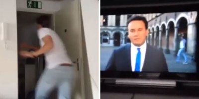 Guy Watching TV Sees Live Broadcast Near His House, Runs Full Speed and Videobombs It