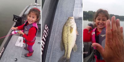 Little Girl Reels in Huge Bass with a Barbie Pole