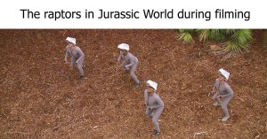 raptors in jurassic world during filming raptors in jurassic world during filming