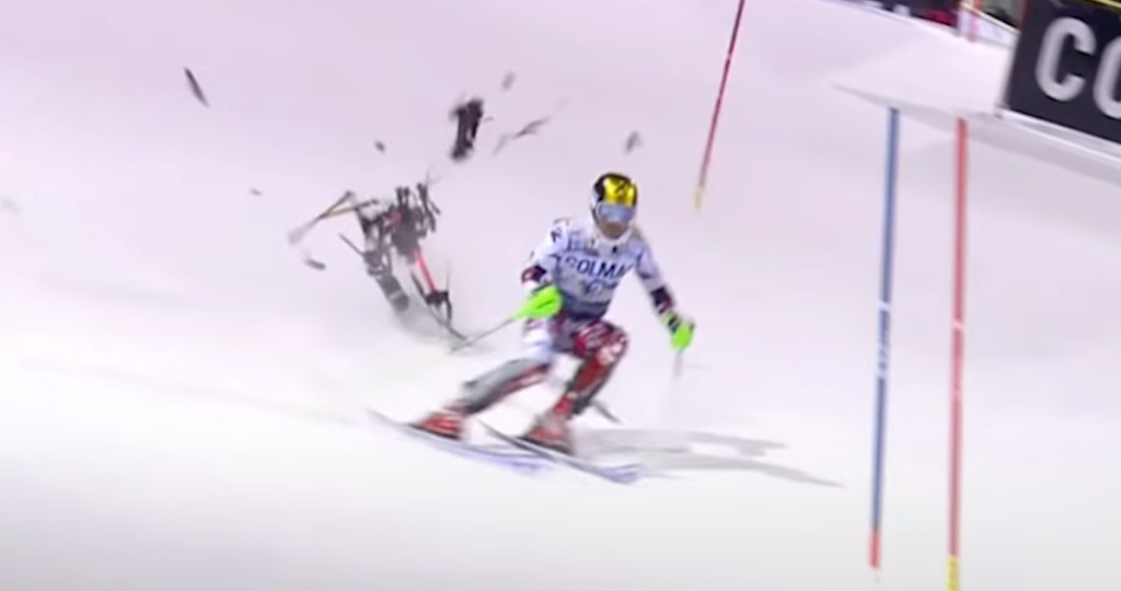 TV Drone Crashes Mid Race and Almost Wipes Out Skier