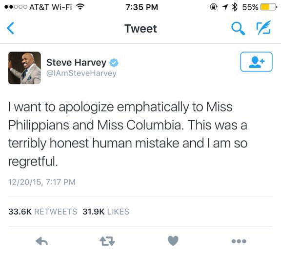 steve harvey tweet apology miss universe Steve Harvey Announces the WRONG Winner of Miss Universe 2015 (Full Clip HD)