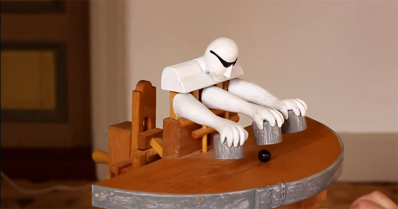 Hand Cranked Wood Toy Performs Amazing Cup and Ball Routine