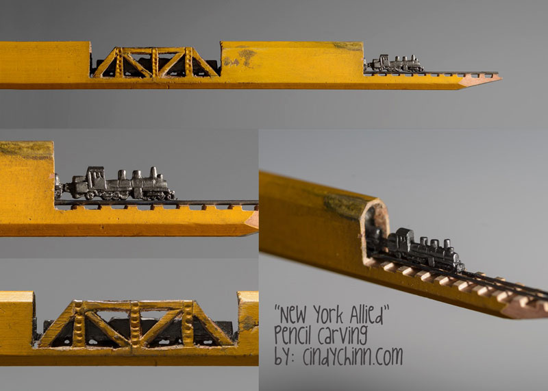 mini trains carved into pencils by cindy chinn (5)