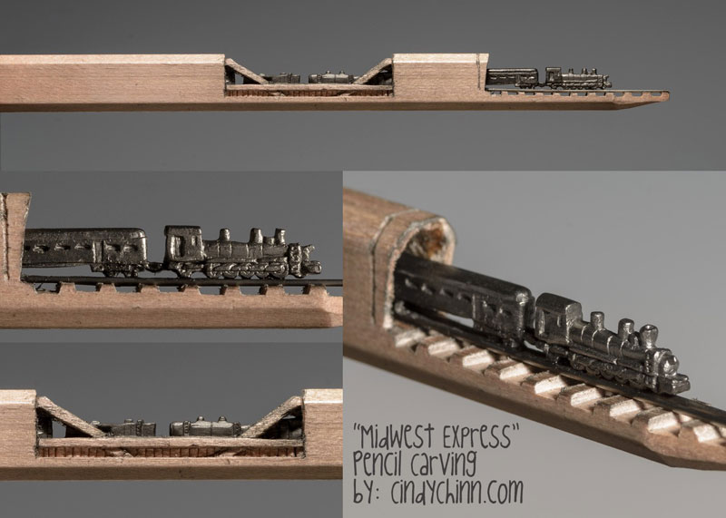 mini trains carved into pencils by cindy chinn (6)