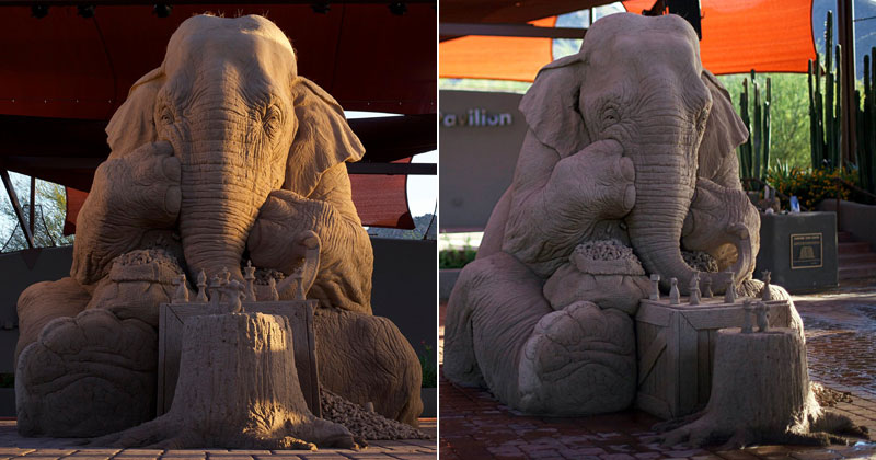 This Sand Sculpture of an Elephant Playing Chess with a Mouse is Incredible