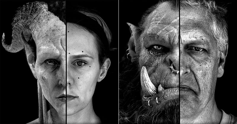 Split Face Portraits of Warcraft Actors and Their CGI Counterpart