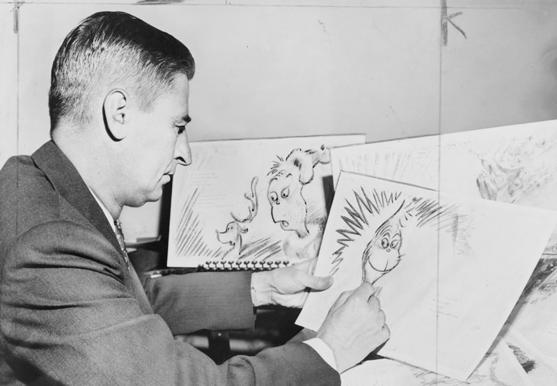 Dr. Seuss Working on the Main Character for his New Book (1957)