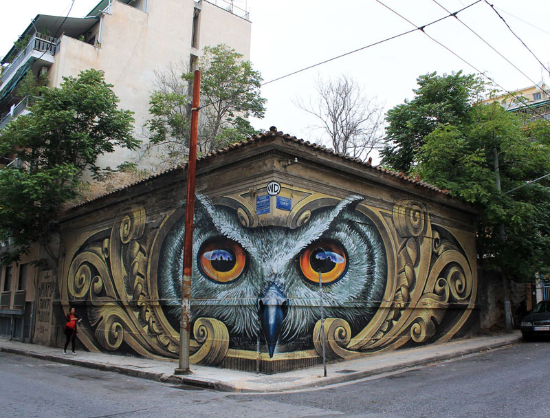 owl mural athens greece by wd street art 2016 1 Artist Completely Transforms Intersection with Incredible Owl Mural