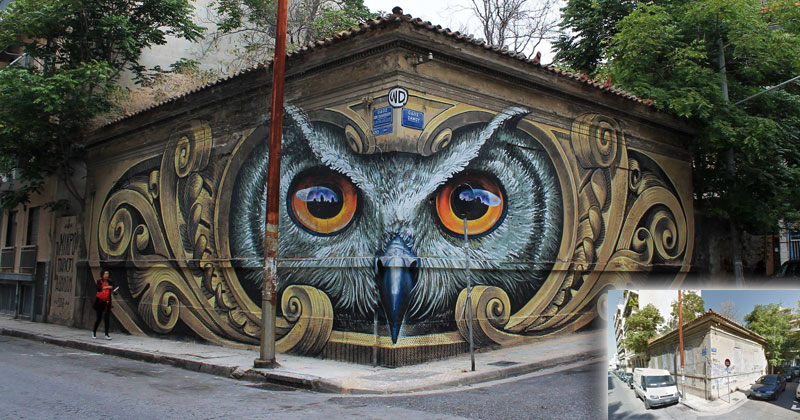 Artist Completely Transforms Intersection with Incredible Owl Mural
