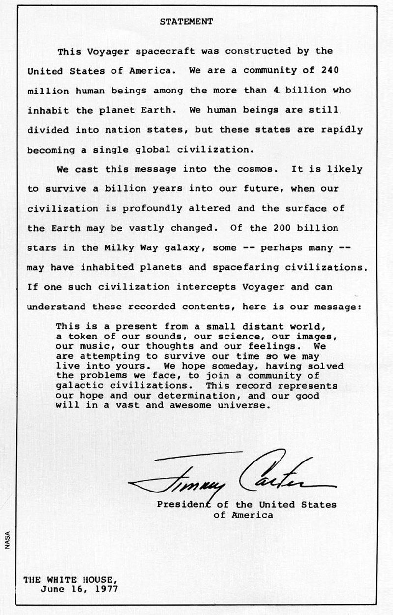 jimmy carter voyager letter june 16 1977 In 1977 Jimmy Carter Put This Note on the Voyager Spacecraft