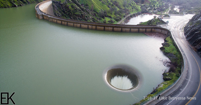 Drone Captures Lake Berryessa Glory Hole Spillway Overflowing for First Time in a Decade