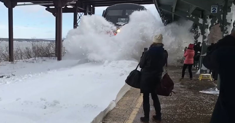 Crazy Footage of an Amtrak Train Colliding with a Track Full of Snow
