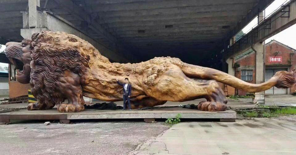 lion carved from single tree trunk by dengding rui yao 12 Incredible Wooden Lion Carved from a Single Tree (11 photos)