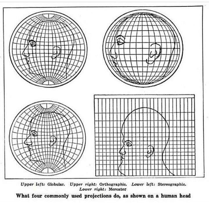 what four commonly used map projections do to a human head 8 Random Maps That Make You Go Hmmm
