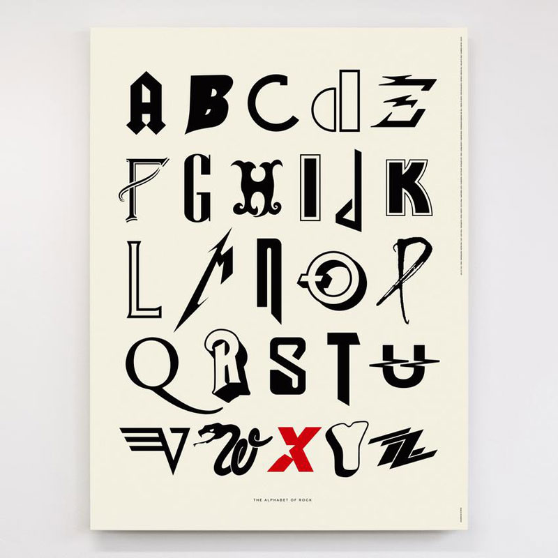 alphabet of rock music art print dorothy hero 850x Awesome Alphabet Posters Made from Classic and Alternative Rock Band Logos