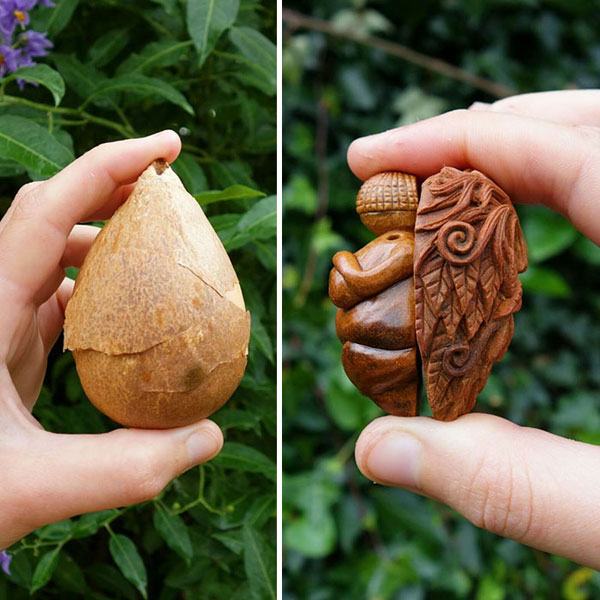 avocado stone faces carved by jan campbell 7 Waste Not, Want Not: Artist Carves Avocado Pits Into Tiny Forest Spirits