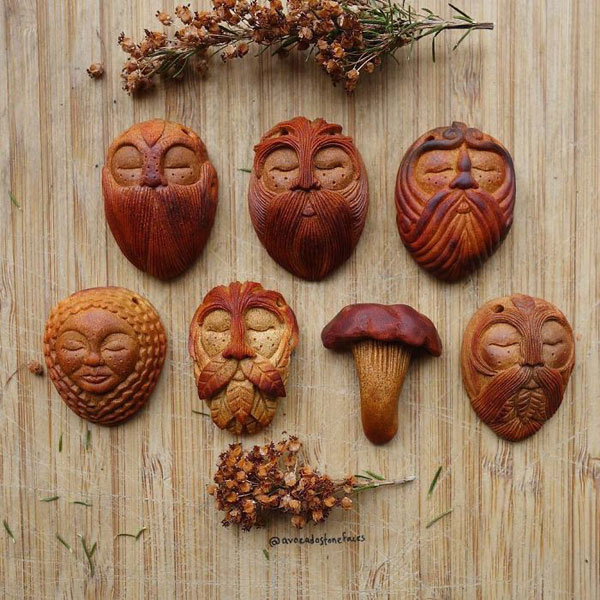avocado stone faces carved by jan campbell 8 Waste Not, Want Not: Artist Carves Avocado Pits Into Tiny Forest Spirits