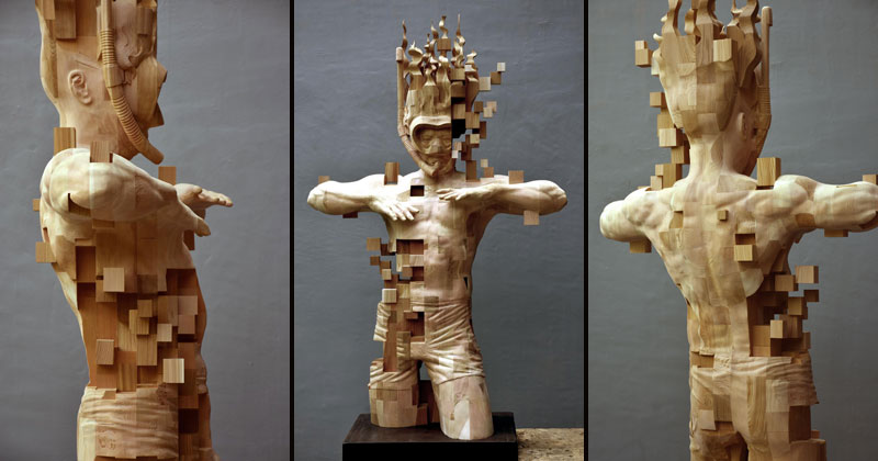 Glitch Wood Carving: Pixelated Snorkeler by Hsu Tung Han