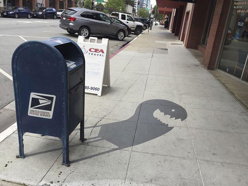 shadow art by damon belanger redwood california 1 This Street Artist is Painting Fake Shadows and Making People Do Double Takes