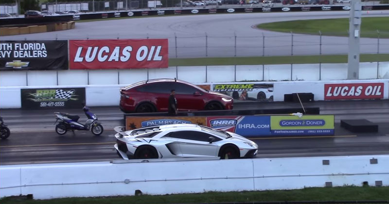 1/4 Mile Drag Race: Tesla Model X P100D vs Lamborghini Aventador SV