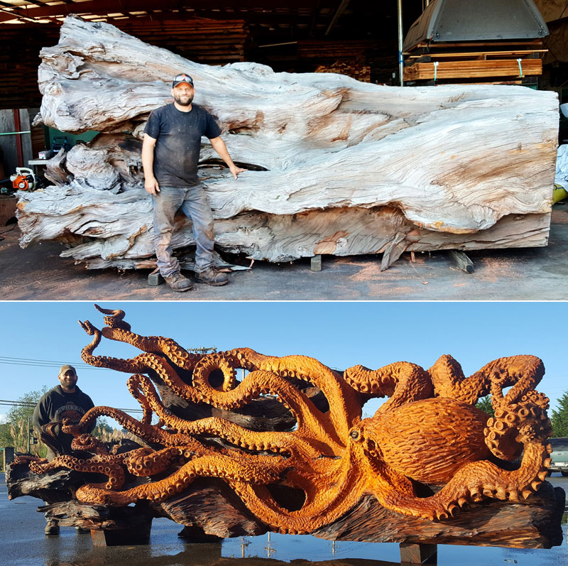 octopus carved from fallen redwood by jeffrey michael samudosky 18 Artist Transforms Fallen Redwood Into Giant Octopus (15 Photos)