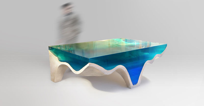 crete table 3 Artist Channels the Ocean Into One of a Kind Tables Using Marble and Acrylic