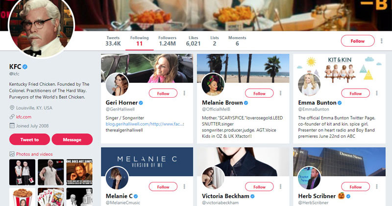 KFC Twitter Only Follows the 5 Spice Girls and 6 Random Guys Named Herb