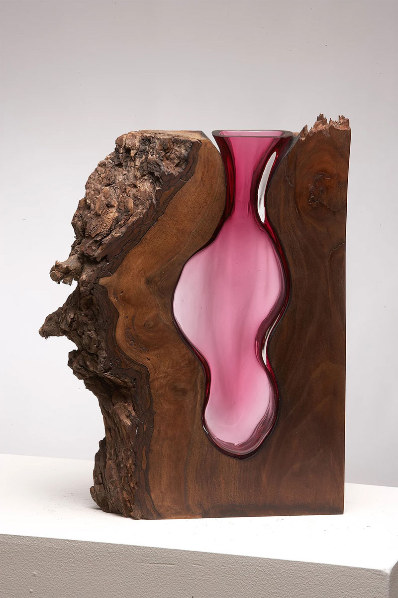 wood and glass by scott slagerman 1 Artist Blows Glass Vases Directly Into Slabs of Live Edge Wood