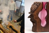 Artist Blows Glass Vases Directly Into Slabs of Live Edge Wood