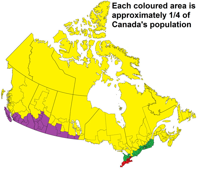 Canadian Population Distribution Map Each Colored Area Is Approximately 1 4 Of Canada S Population Twistedsifter