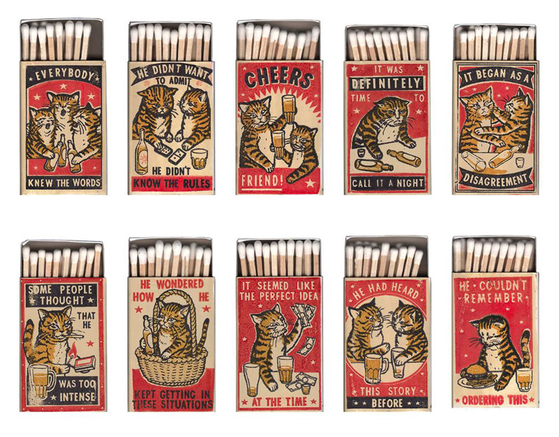 strike your fancy by arna miller and ravi zupa 3 Vintage Matchbox Style Artworks of Cats Making Questionable Decisions