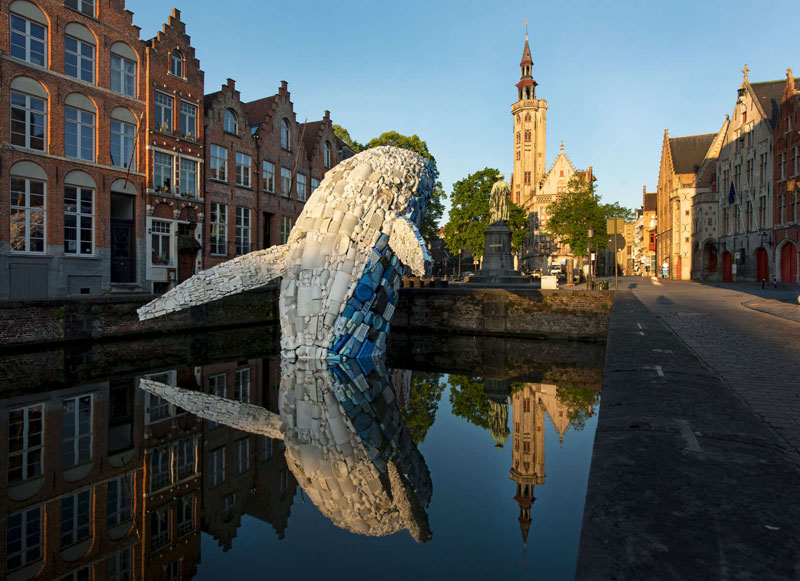 giant whale made from 10000 pounds of plastic ocean waste by studiokca bruges triennial 2 A 38 ft Tall Breaching Whale Made From 10,000 Pounds of Plastic Ocean Waste