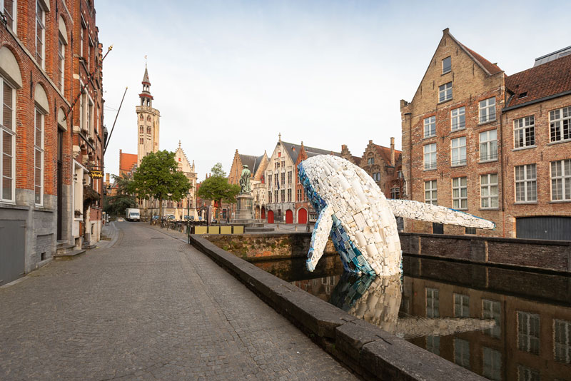 giant whale made from 10000 pounds of plastic ocean waste by studiokca bruges triennial 7 A 38 ft Tall Breaching Whale Made From 10,000 Pounds of Plastic Ocean Waste