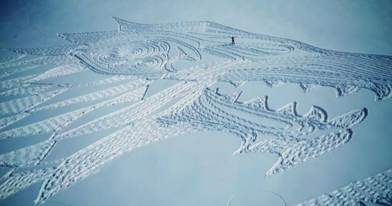 A Giant Direwolf in the Mountains Made from Snowshoe Prints