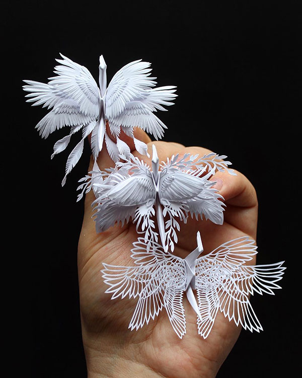 paper crane decorations by cristian marianciuc 15 Paper Artist Folds Cranes and Then Gives Them Intricate Decorations