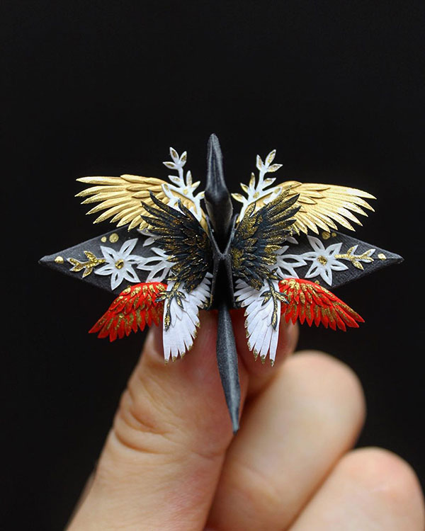 paper crane decorations by cristian marianciuc 17 Paper Artist Folds Cranes and Then Gives Them Intricate Decorations