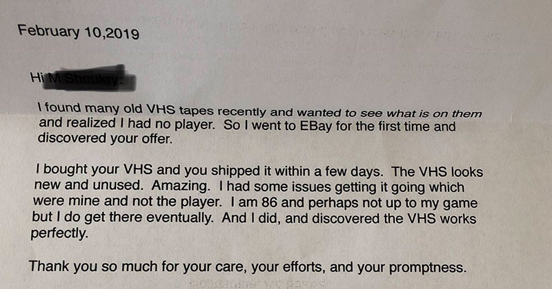 This Guy Sold a VHS Player on eBay and Then Got a Very Unexpected Letter