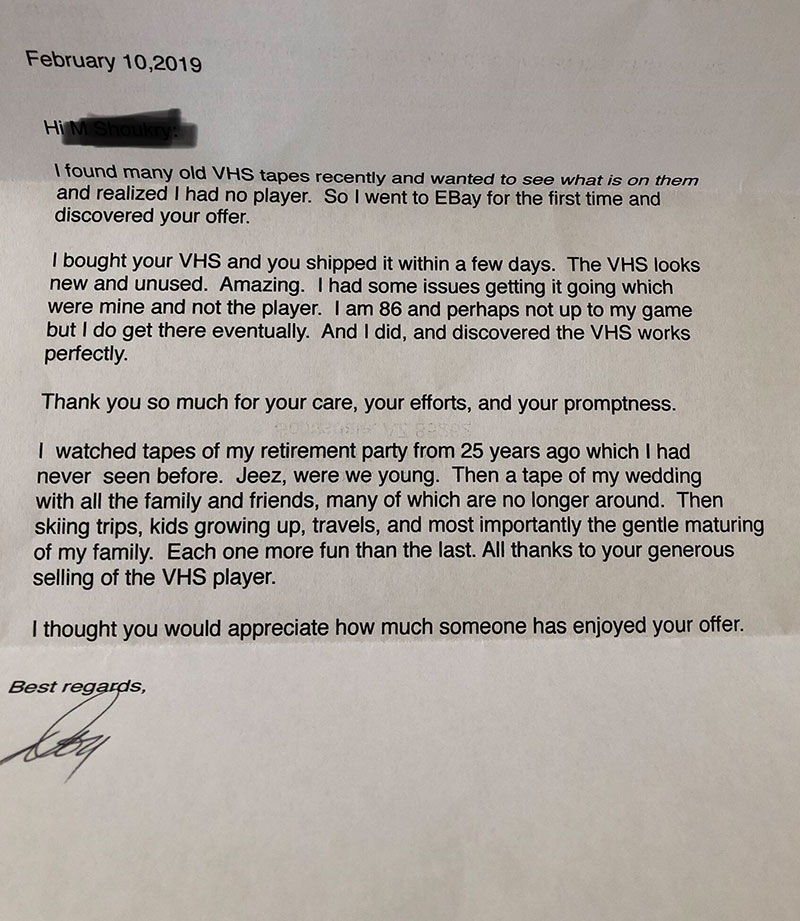 vhs ebay letter reddit This Guy Sold a VHS Player on eBay and Then Got a Very Unexpected Letter