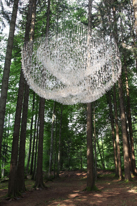 a giant chandelier in the forest made from tiny rainwater catchers 11 A Giant Chandelier in the Forest Made From Tiny Rainwater Catchers
