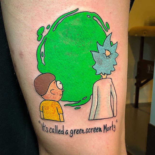 rick and morty green screen tattoo 2 Guy Gets Green Screen Tattoo in Homage to Rick and Mortys Portal Gun