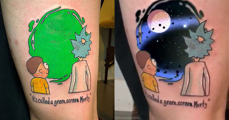 rick and morty green screen tattoo 3 Guy Gets Green Screen Tattoo in Homage to Rick and Mortys Portal Gun